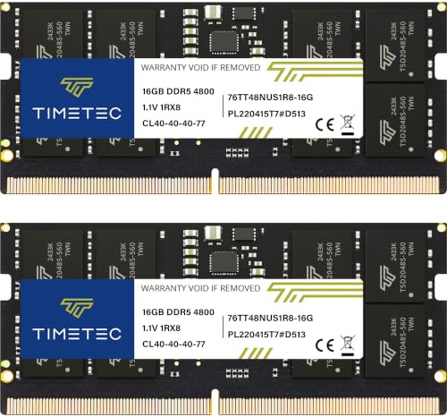 Timetec 32GB KIT(2x16GB) DDR5 4800MHz PC5-38400 Unbuffered Non-ECC 1.1V CL40 1Rx8 Single Rank 262 Pin SODIMM Laptop Memory RAM Module Upgrade (32GB KIT(2x16GB))