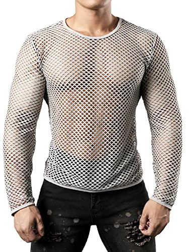 JOGAL Mens Fishnet Mesh Long Sleeve Shirt Fitted Muscle Top Large Grey