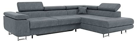 MEBLINI Schlafcouch mit Bettkasten - Ecksofa mit Schlaffunktion - Sofa mit Relaxfunktion und Kopfstützen - Couch L-Form - Eckcouch - Wohnlandschaft - Carl - 272x202x63cm Rechts - Grau Samt