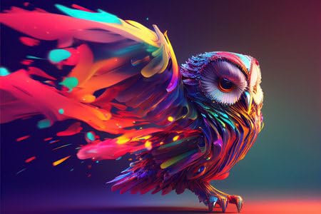 adrium Acryl-Bild 110 x 70 cm: 3D-Illustrationsporträt einer abstrakten Eule, die in Regenbogenfarben leuchtet, unendliche Turbulenzen, fluoreszierende rote (196507641)