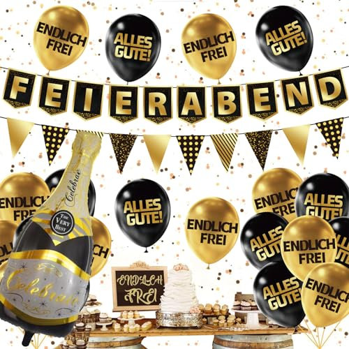 Rente Deko Set,Endlich Ruhestand Deko Girlande,Alles Gute zum Ruhestand Banner,Luftballons Ruhestand,Schwarz Gold Endlich Ruhestand Banner,Feierabend Deko für Mann Frau Abschiedsfeier Ruhestand Party