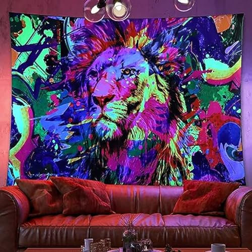 Ulticool – Löwe Raubtier Afrika - Glow in the Dark Wandteppich - Schwarzlicht under UV Reaktive Bright Black Neon Light - Blacklight Psychedelisch im Dunkeln Leuchtende Wandtuch - 200 x 150 cm