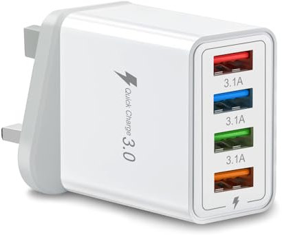 Multi USB Plug Charger UK, 4-Port USB Wall Charger Plug, QC 3.0 3.1A Fast Charging Power Adapter with Smart Device-Adaptive Quick Charging Technology for All Smartphone (White)