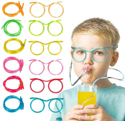 EULAPGOE Lot de 12 pailles réutilisables en forme de lunettes - Accessoires de fête amusants - Kit d'anniversaire amusant - Fournitures de fête idéales pour le lait, le jus, les fêtes sur la plage