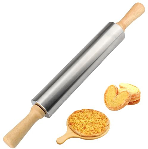 (43.5 * 5 * 5 cm) Rodillo amasar, rodillo cocina de pasta con eje metálico y mango de madera, ideal para utensilios de repostería, estable y duradero, facilita el estiramiento de la masa