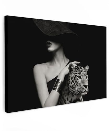 MuchoWow© Impressions sur Toile 90x60 cm Deco Tableau Murale Decoration Salon Peinture Tableaux Chambre Toiles Maison Femme - Vintage - Portrait - Léopard - Noir et blanc