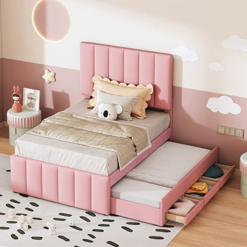 Zravenna Einzelbetten Bett 90x200 cm, Jugendbett Polsterbett mit Ausziehbett und Schubladen, Betten Bettgestell mit Polster Kopfteil und Lattenrost, Leinen, Rosa