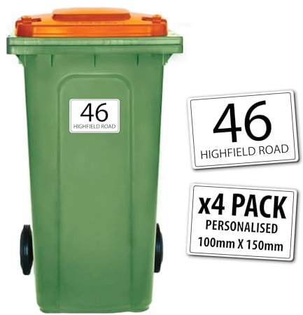 4x Wheelie Bin Stickers Personalised House Number Road Name 100mm x 150mm Weatherproof UV Resistant Wheelie Bin Front Lid Stickers