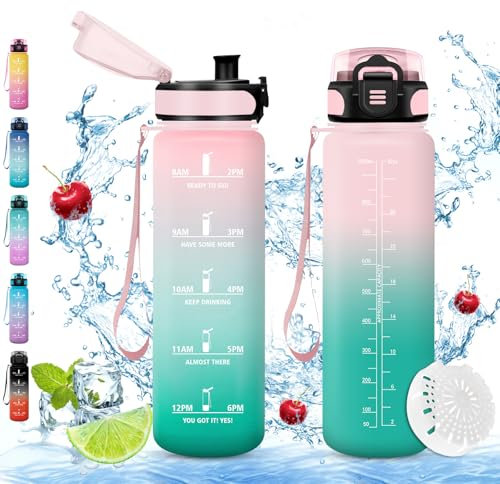 Vikaster Bouteille d'eau, Gourde 1l, sans BPA, Étanche & Réutilisable, Bouteille d'eau avec Marqueur de Temps et Filtre, Convient Pour la Enfant & Adulte, Gym, Yoga, Camping, Sport, Gourde Randonnée