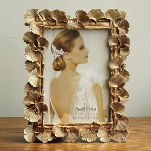 NatureMan 5x7 Inch Vintage Photo Frame, Ginkgo Biloba Resin Gold Frame, Antique Photo Fram for Desktop Display and Wall Mount Home Decor