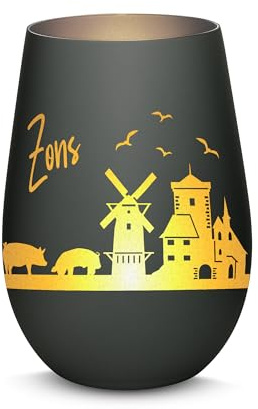 Gravur-Max Windlicht mit 360° Gravur Skyline Dormagen Zons Deko Glaslicht als tolles Geschenk mit Einer hochwertigen Lasergravur zu jedem Anlass in der Farbe Schwarz/Silber