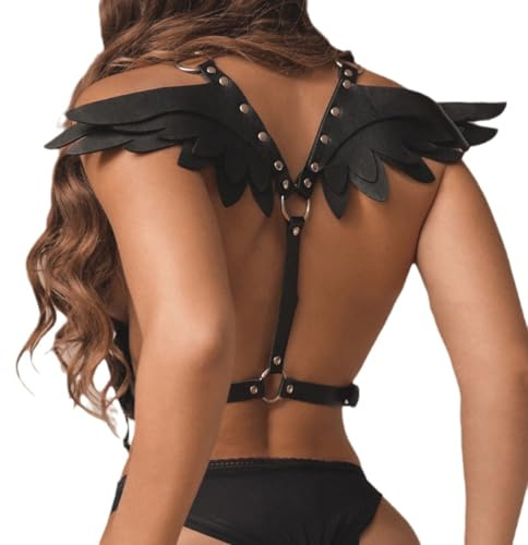 Generisch Damen Punk Leder Flügel Harness Einstellbar Erotik Dessous Gürtel SM Sexy Aushöhlen BH Brustgurt Body Harness Fetisch Riemenbody Brustgurte mit Engelsflügel Cosplay Party Rave Outfit