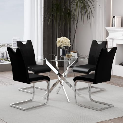 IMHKAM Table à Manger avec 4 Chaises, Table Ronde en Verre 80 cm et Chaises en Cuir Noire de Cuisine