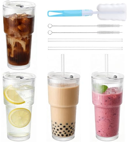 NBOUOU Iced Coffee Cup 4 Pack, Glass Cups with Lids and Straws 600 ml, Ribbed Glass for Smoothie Cup, Cocktail, Whiskey, Soda, Cold Drinks, Juice