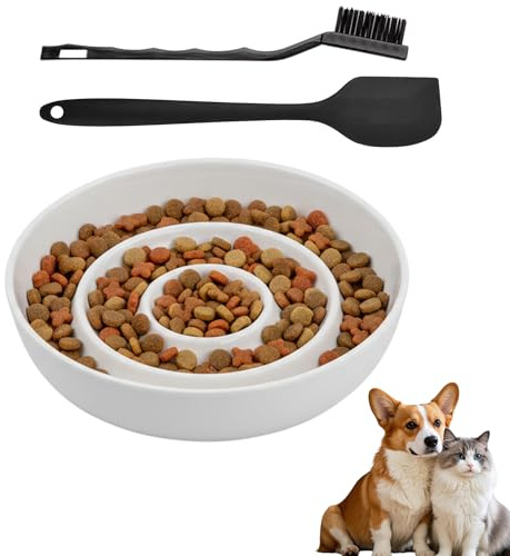 Gamelle Anti Glouton, Gamelle Chien Anti Etouffement, GAmelle Chat Céramique, 1 Set Blanc avec Spatule en Silicone et Brosse pour Chiens Chats