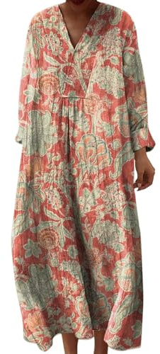 Cotton Dresses for Women UK Maxi Dresses for Women UK Blue Casual Holiday Sun Summer Dress Long Sleeve V-Neck Beach Plus Size Dress Linen Cotton Summer UK
