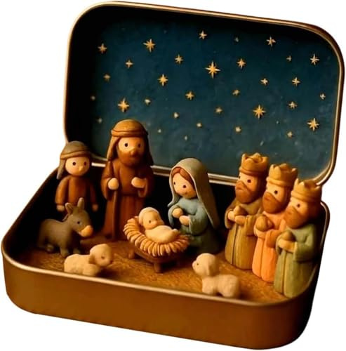 Mini julkrubba set i en metallburk, krubbfigurer krubbset born scen, små krubbfigurer nativity scene gåvor tin, juldekoration för hemmet skrivbord gåvor (#A)