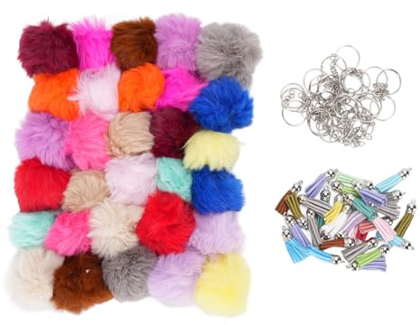 BTOSEP Lot de 30 porte-clés en fourrure de lapin artificielle multicolore avec pompons, durables, pour sacs et clés, 6 cm de diamètre