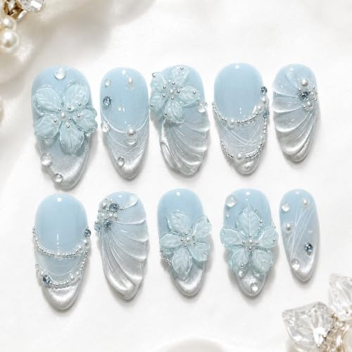 Ice Mermaid Press-On Nails,Almond Medium Blue Cat Eye Flower False Nails | 3D False Nails with Rhinestones for Women, Party Wedding Full Cover Artificial Manicure Kit with Designs, Glossy Finish