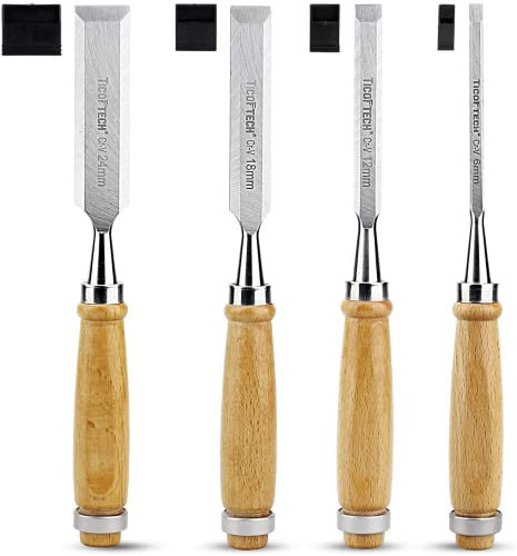 TICOFTECH Wood Chisel Sets, 4 Pieces Chisel Set 1/4, 1/2, 3/4 and 1 (6mm, 12mm, 18mm, 24mm) with Wooden Handles, Carpenter Chisels for Woodworking (4pcs)
