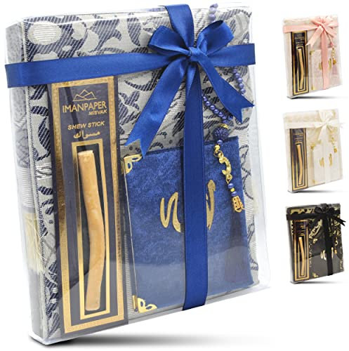 Imanpaper - Geschenk-Set für Muslime festlich Verpackt ● Gebetsteppich und Gebets-Kette in Blau ● Starter-Set für konvertierte Geschwister Seccade ● Salah Sejadah Islamic Prayer Rug ● Gebet Islam