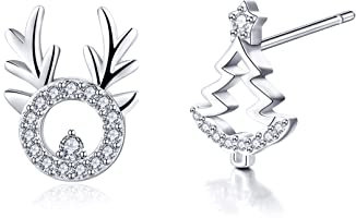 Ohrringe Silber 925, Ohrstecker Silber/Gold mit Elch/Schneeflocken/Baum Anhänger, Weihnachts Schmuck Geschenke für Frauen Mädchen Liebhaber (silber/Elch&Baum)