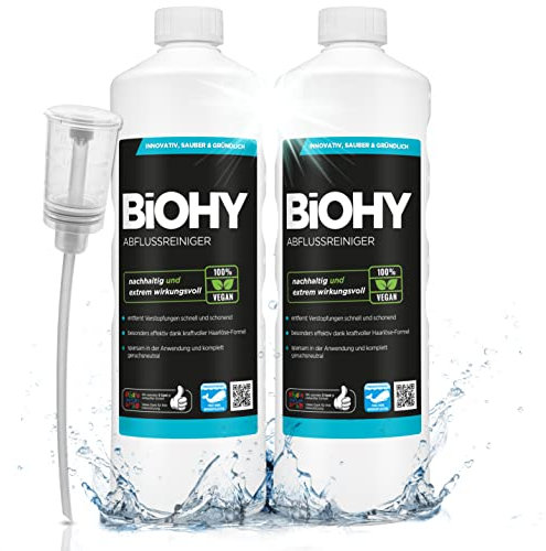 BiOHY Abflussreiniger (2 x 1 liter) + Dosierer | mit spezieller Haarweg-Formel | Bio Konzentrat für Küche & Bad | entfernt selbst hartnäckigste Verstopfungen | ohne ätzende Dämpfe & Gerüche