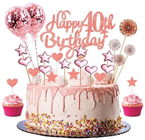 Happy 40th Birthday Cake Topper Rose Gold Glitter 40th Birthday Cake Topper Kit with Star Heart Paper Fan Confetti Balloon 23pcs Romantic Cupcake Topper for Women 40th Birthday Party Cake Decorations