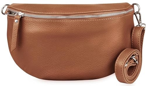 Frentree® Damen Echtleder Bauchtasche, Made in Italy, Umhängetasche Crossbody Tasche Schultertasche mit silbernem Reißverschluss, Größe MAXI