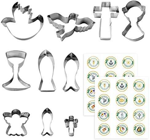 10 moldes de comunión y 24 pegatinas para galletas, utensilios para hornear, moldes para tartas de fondant, moldes de acero inoxidable, decoraciones de bautizo, adecuados para comunión cristiana,