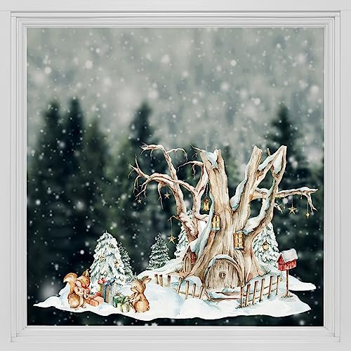 Alwayspon Statische Fensterfolie Privatsphäre, Doppelseitiger Fensteraufkleber, Anti-UV-Glasfolie für Weihnachtsdekoration, Kaninchen Eichhörnchen Weihnachten T045