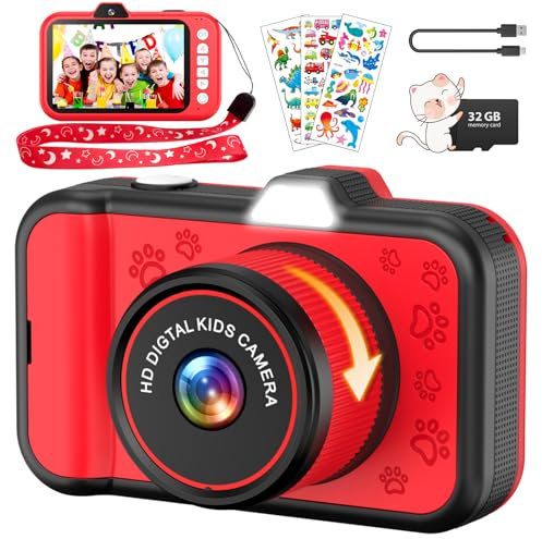 Camara Fotos Infantil, Ushining 3,5 Pulgadas de Pantalla Grande 1080P Selfie Video Camara de Fotos para Niños con Zoom Giratorio 360° Flash LED Tarjeta de 32GB, Regalo para Niños y Niñas de 3-12 Años