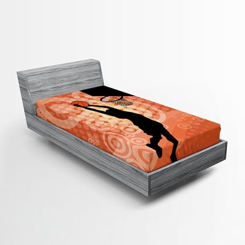 ABAKUHAUS Orange Spannbettlaken-Set, Basketball Dunk Athlet, Bettbezug mit Rundum-Gummizug tiefer Einschub 2 Stück, 90cm x 200cm, Orange Schwarz