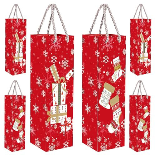 MORAINJAY 12 Pcs Sacs Cadeaux pour Bouteilles de Noël, Sacs en Papier Kraft pour Vin, Champagne, Spiritueux avec Poignées, Emballage Cadeau de Noël, Sacs Cadeaux pour Fêtes