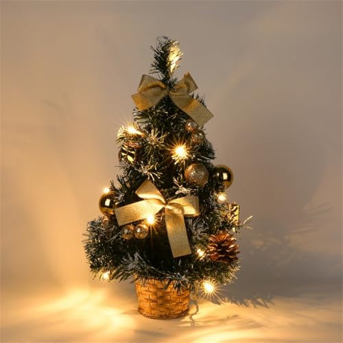 Mini Weihnachtsbaum Tannenbaum Deko mit Beleuchtung Weihnachtsbaum Geschmückt Kleiner Weihnachtsbaum mit LED Lichterkette Künstlich Tisch Weihnachtsbaum Miniatur Weihnachtsdeko Tischdeko (40cm Gold)