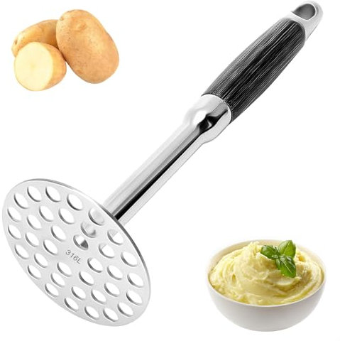 Schiacciapatate Schiaccia patate in Acciaio Inox 316 con Manico Ergonomico in Legno, 25,6 x 8,5 cm Professionale Potato Masher Gadget Cucina per Purè di Patate, Frutta e Verdura
