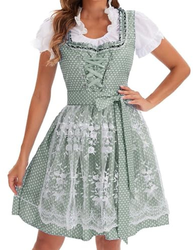 GWAWG Dirndl Femme Robe Oktoberfest Costume Traditionnel Blouse Dentelle Jupe Midi Tablier Tenue Wiesn Fête Populaire Célébration Vert Blanc (FR/ES, Alpha/Lettres, M, Taille Normale, Taille Normale)