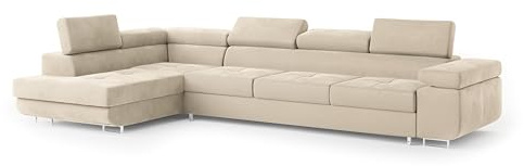Masseno Ecksofa Vicente M L-S mit Schlaffunktion L-Form, Glamour Sofa mit Bettkasten, Wohnzimmersofa, Couch, Soffa, Bettsofa, Couchgarnitur - Creme, Monolith 04
