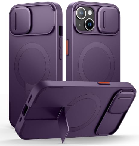 SURITCH Magnetisch hülle Kompatibel mit iPhone 13/14, Stoßfest Handyhülle Kratzfest Schutzhülle mit Kameraabdeckung schieben und verstellbarem Kickstand(Lila)