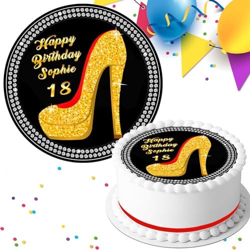 HAPPY BIRTHDAY SPARKLE SHOE PERSONALISED 7.5 INCH EDIBLE ICING CAKE TOPPER DECORATION C155