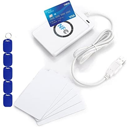 ACR122U USB NFC RFID Smart IC Karten Reader/Writer (65 x 12,8 x 98mm, ISO 14443A / B, ISO/IEC 18092 NFC, FeliCa, Mifare), Kartenleser, Kostenlose Software, White SDK 5 x Mifare IC