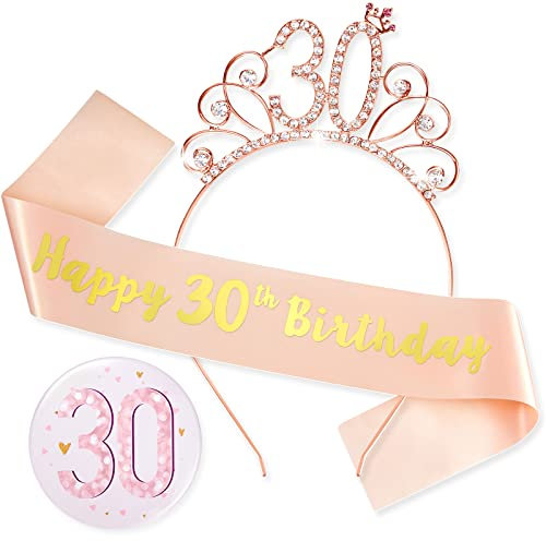 Juexica 3-Piece Rose Gold Birthday Decorations Set - Happy 30th Birthday Badge, Sash & Crown for Women