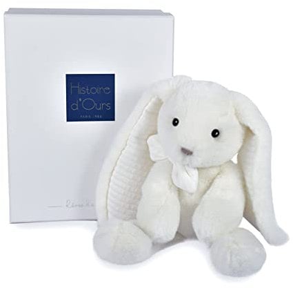 HISTOIRE D'OURS - Peluche Doudou Lapin - Blanc - 30 cm - Collection Preppy Chic - Idée Cadeau Enfants ou Naissance pour Bébé - Doudou Très Doux & Elégant - Avec Boite Cadeau - HO3134