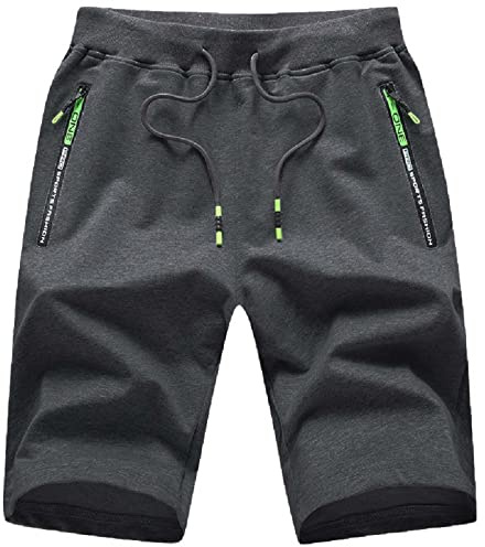 JustSun Short Homme Sport Coton Short Running Jogging Homme Short Court Homme Ete Fitness avec Poches Zippées Gris Foncé M