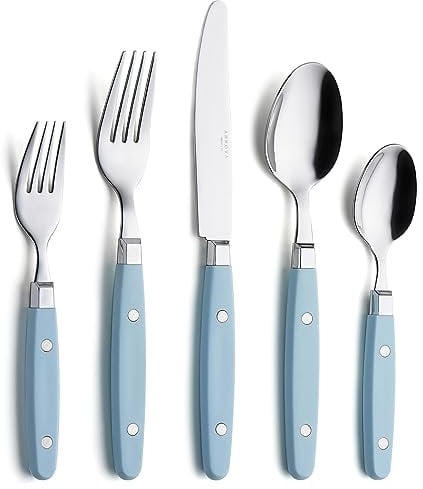 Annova Cutlery Set 20 Pieces Stainless Steel Color Handle with Rivet/Retro Style Flatware (Light Blue)