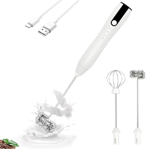 TonJin Double Whisk Milk Frother Handheld USB-C Rechargeable Electric Drink Mixer White,3 Speeds Adjustable Coffee Foamer Drink Whisk for Lattes, Matcha, Hot Chocolate, Egg, Matcha