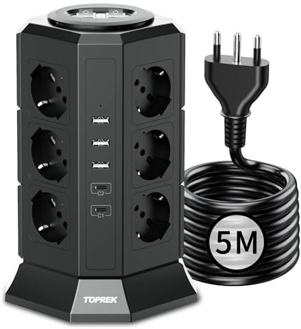 TOPREK Multipresa Verticale con 12 Prese Universali ITA 10/16A e Schuko e 2 USB C e 3 USB A (USB-C1 20W PD3.0 Ricarica Rapida), 4000W/16A, Ciabatta Multipresa con 2 Interruttore, 5M Cavo, Spina 16A