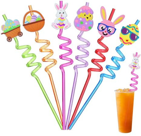 Ulife Mall Lot de 6 pailles de décoration de Pâques, œufs de Pâques, lapins, pailles réutilisables, fournitures de fête, réunion de famille, accessoires cadeaux de Pâques pour enfants