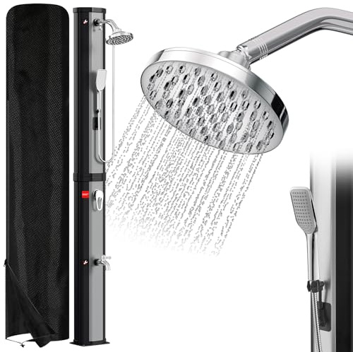SWANEW Douche solaire de jardin 60 l avec capot de protection et douchette, pommeau de douche pivotant à 180°, douche intégrée pour pieds intégrée, max. 60 °C (argenté)