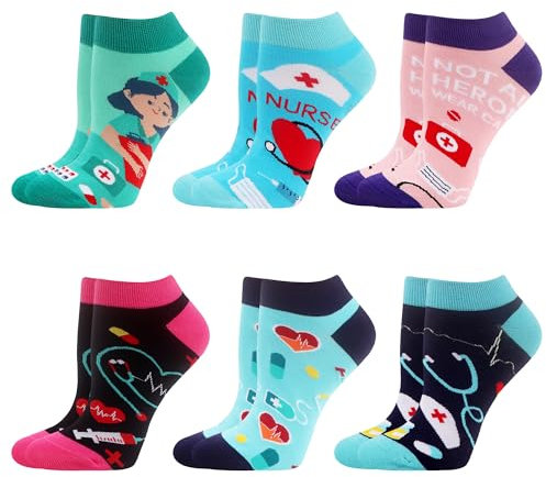 WeciBor Damen Lustige Bunte Sneaker Kurze Socken, 6 Paar Mehrfarbig Krankenschwester, Größe 39-42